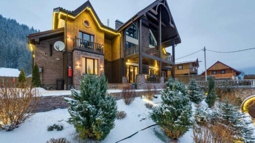 house with snow covered plants