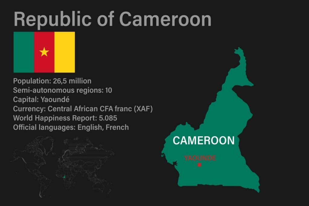 highly detailed cameroon map with flag capital and small map of the world free vector
