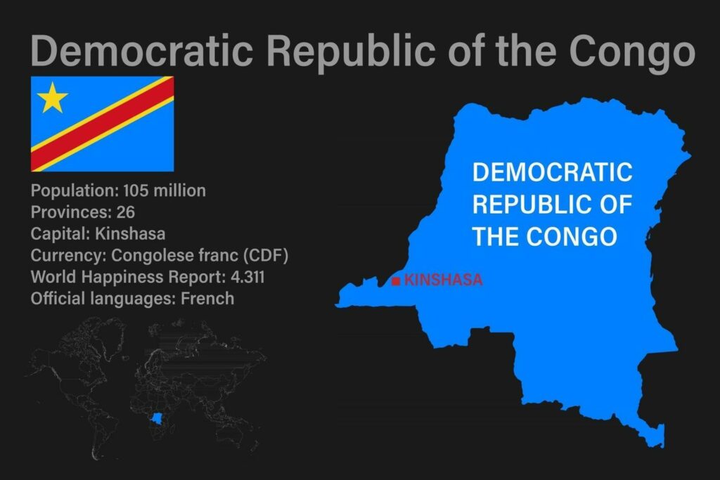 highly detailed democratic republic of the congo map with flag capital and small map of the world free vector