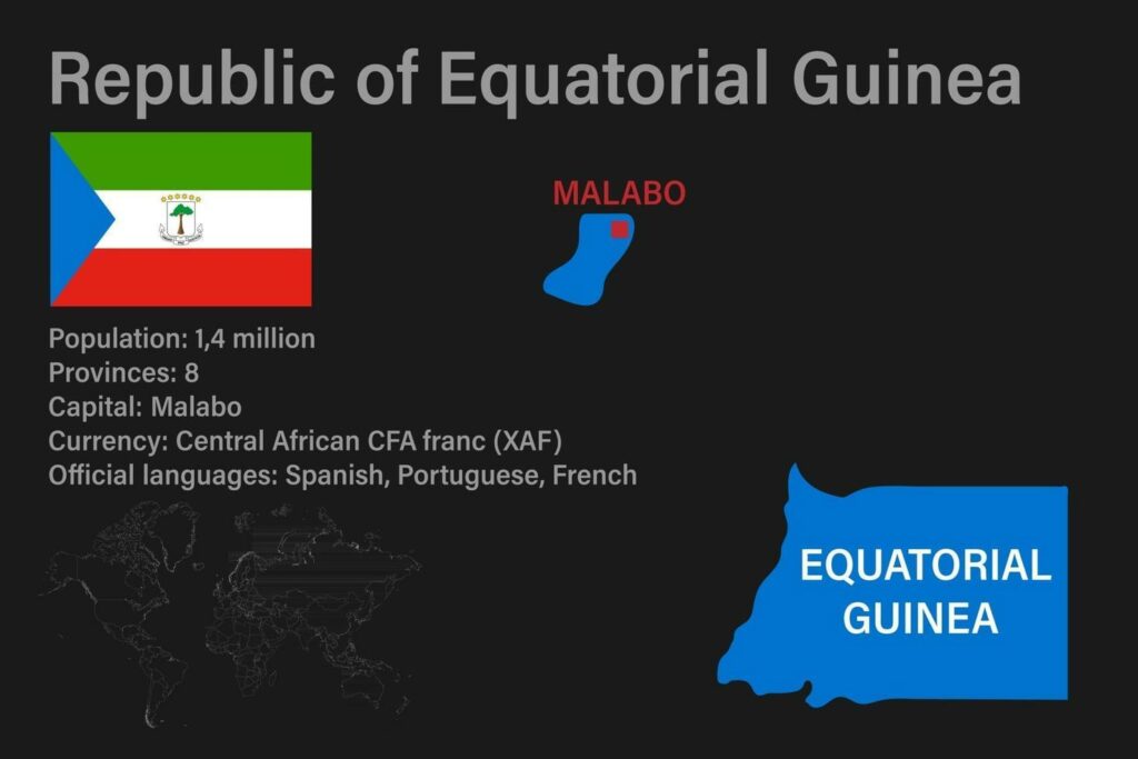 highly detailed equatorial guinea map with flag capital and small map of the world free vector