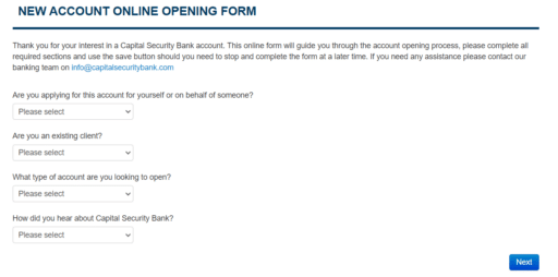 capital security bank account setup