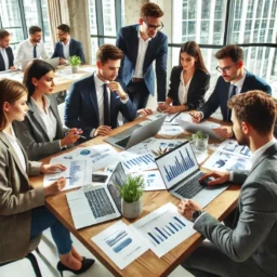 A professional team in a modern office setting, collaborating around a table with financial documents, laptops, and charts. The team members are engag